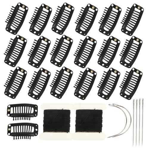 YUXIANG 20 Pieces Hair Extension Clips, 9 Teeth Stainless Steel Clips for Wigs, Hair Bangs, Toppers, Toupees with Needle and Thread Sets (Black)