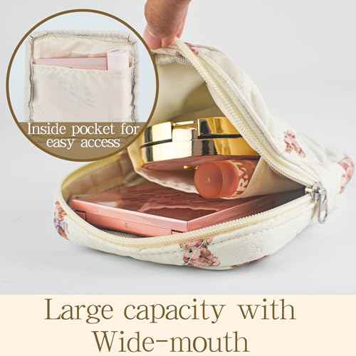 Small Floral Quilted Makeup Bag, Coquette Aesthetic Travel Toiletry Organizer for Women, Lightweight Cotton Cosmetic Pouch