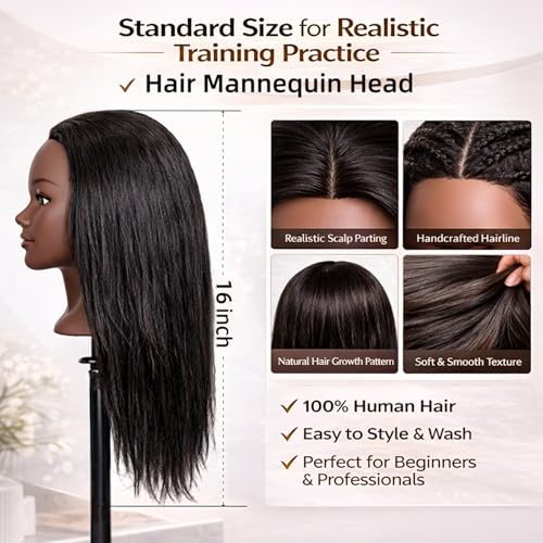 16 Inch Real Human Hair Mannequin Head with Clamp Stand