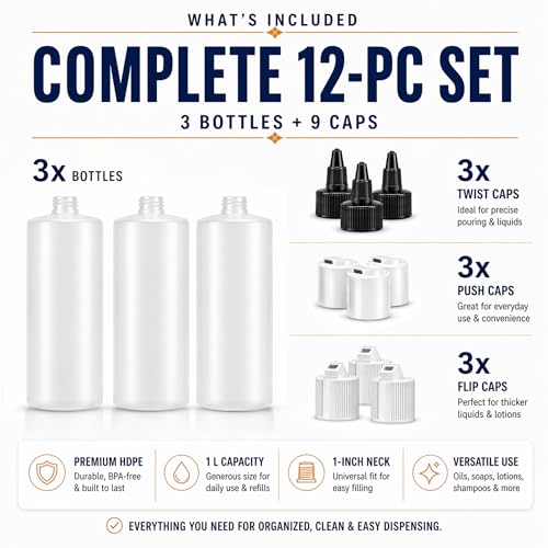 Bar5F 1 Liter Plastic Bottles 3-Pack with 9 Caps