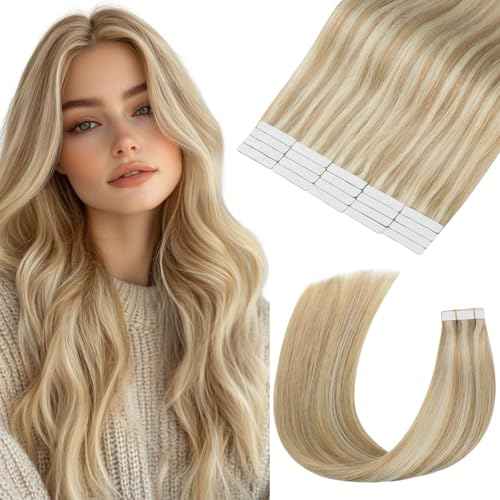 Tape in Hair Extensions Human Hair 18 Inch Dark Ash Blonde Highlights Light Blonde Invisible Straight tape hair extensions 20Pcs 50G Thick Ends