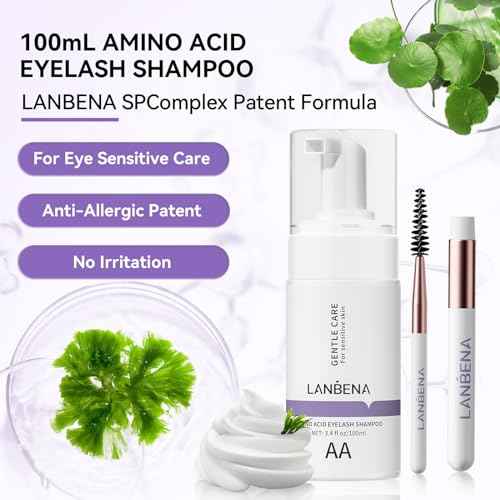 LANBENA 100ml Eyelash Extension Cleanser/Shampoo with AMINO ACID, Oil Free Foam Bath Lash Cleaning Kit with Brush,Home Salon Use