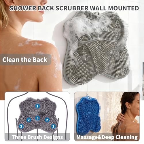 Show Foot Scrubber Mat & Silicone Back Scrubber with Butterfly Form Design,3 Brush Designs for Deep Cleaning Shower Foot Scrubber Mat, Wall Mounted Back Scrubber Silicone Bath(Grey)