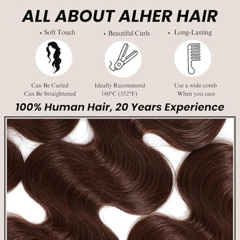 ALHER Chocolate Brown Body Wave Hair Bundles 10 12 14
