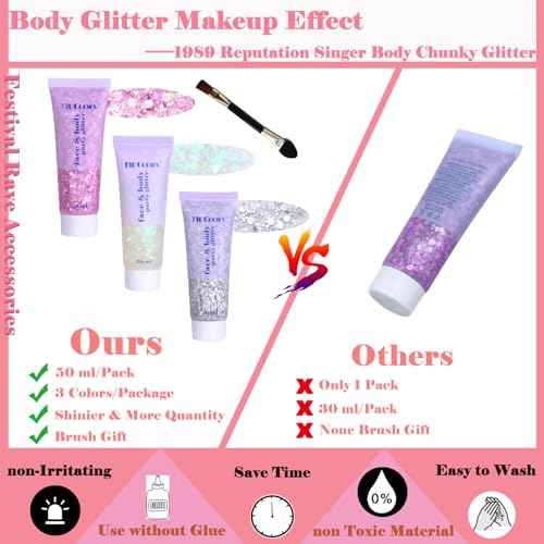 Body Glitter Face Glitter Gel: Singer Concerts Disco Festival Rave Accessories Face Glitter Makeup 150ml Chunky Sequins Mermaid Face Body Hair Glitter Gel (White&Silver&Pink)