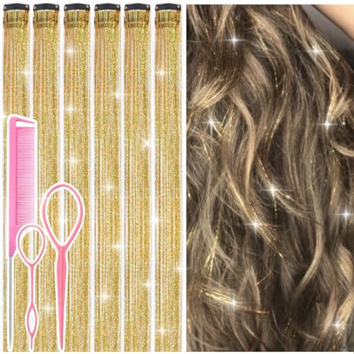 Gold Hair Tinsel Clip-In Extensions, 12 Pcs 24 Inch