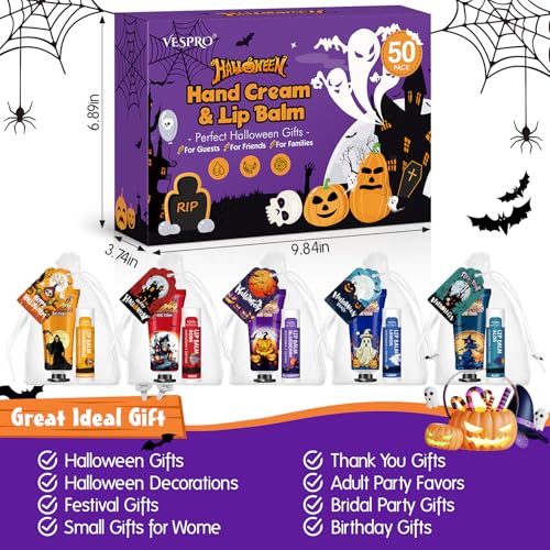 50 Pack Halloween Hand Cream and Lip Balm Set, Bulk Halloween Gifts with Halloween Cards and Organza Bag, Halloween Decorations and Halloween Party Favors Goodies for Women