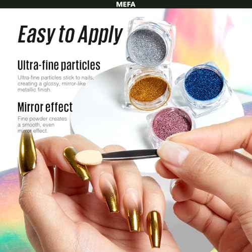 MEFA Chrome Powder for Nails 4 pcs, Mirror Effect Nail Powder Holographic Aurora Iridescent Pearlescent Manicure Nail Art Decoration Glitter Metallic Gold Pink Blue Grey Chrome Nail Powder Kit