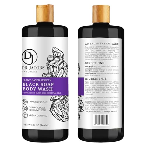 Dr Jacobs Naturals Authentic African Black Liquid Soap with Lavender & Sage Scent All-In-One Face Wash, Sensitive Skin Body Wash, Shampoo, Shaving Soap | Moisturizing and Nourishing Formula 32oz 2pk