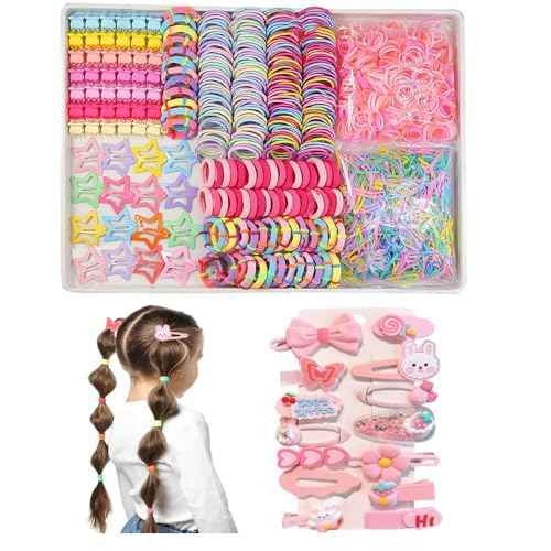 Girls Hair Rubber Bands Colorful Elastic Hair Ties Set Toddler Hair Accessories for Girls with Cute Hair Clips and Box