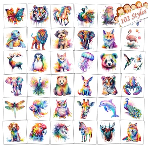 102 PCS Watercolor Animals Temporary Tattoos for Kids