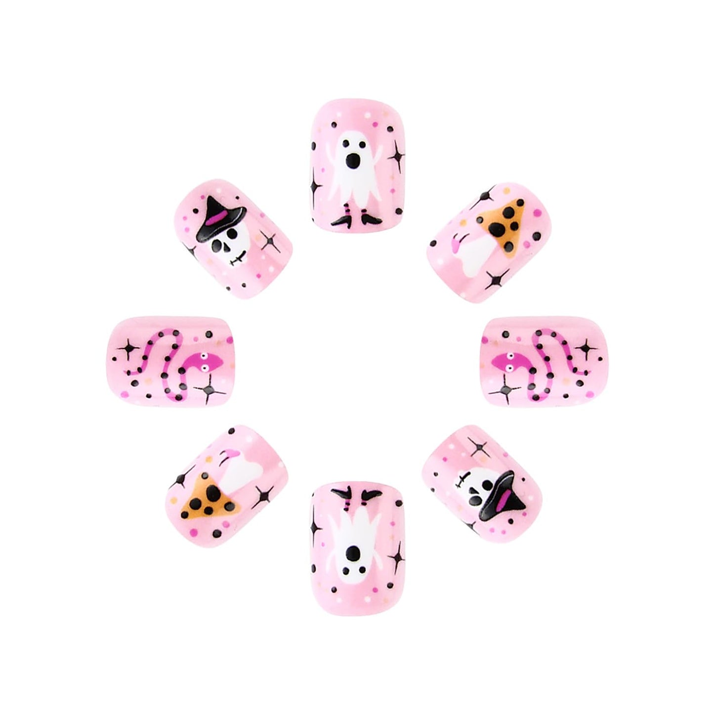 Halloween Press on Nails Short Square Petite Fake Nails Pink Little Ghost False Nails with Designs Glue on Nails Halloween Stick on Nails Cute Cat Acrylic Nails with Nail Glue for Women 24 Pcs