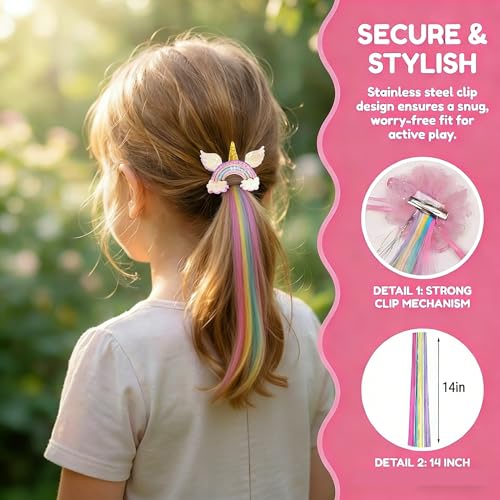 Rainbow Hair Clips for Girls, 6 Pc Set with Extensions