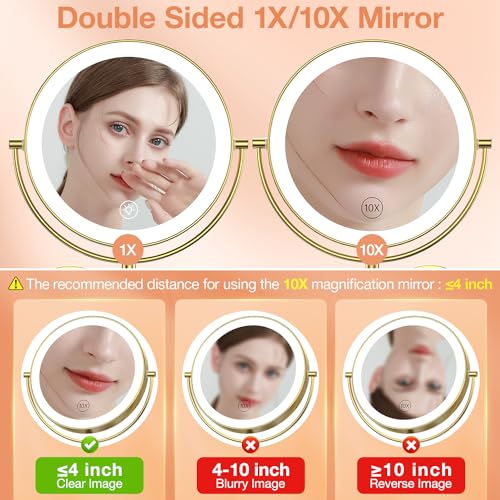 Benbilry 9" Large Wall Mounted Lighted Makeup Mirror, 1X/10X Magnifying 2-Sided AC Plug-in Powered Bathroom Mirror with 3 Color Lights, Touch Dimmable, Extended Arm 360¡Æ Rotation, ¡¼Gold¡½