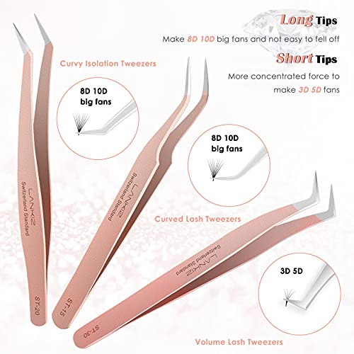 LANKIZ Eyelash Extension Tweezers Set 5 PCS Rose Gold