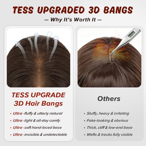 TESS Clip-In Human Hair Topper with Side Bangs - 12" Dark Brown