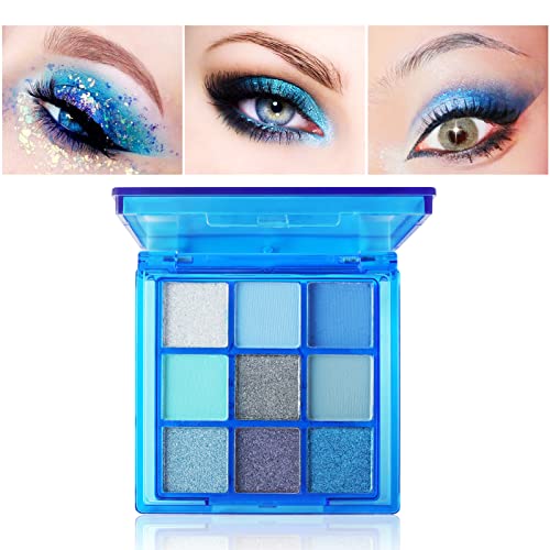 9 Colors Blue Eyeshadow Palette,Mardi Gras Carnival Pressed Pigment Glitter, Corpse Bride Waterproof Eye Shadow Pallete Metallic Silver Matte Shimmer Makeup Powder Long Lasting,Blue