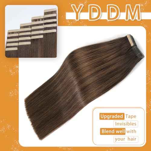 YDDM Tape in Hair Extensions Human Hair, Balayage Dark Brown to Chestnut Brown 20pcs 18 Inch 100% Remy Human Hair for Women Straight Seamless Invisible Tape in Hair Extensions(2/2/6#, 18 inch)