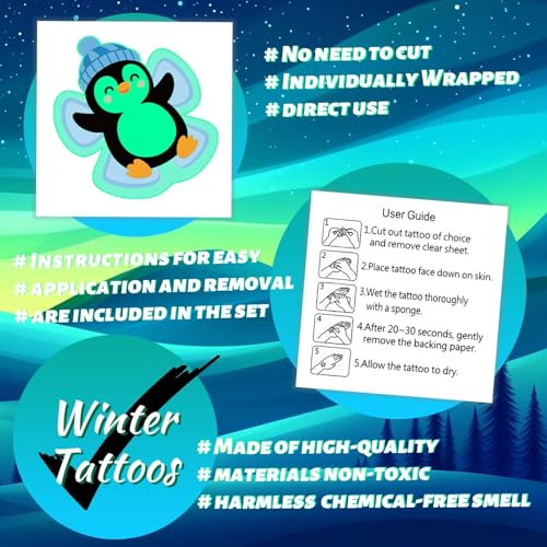 winthrop 120 Pcs Glow in The Dark Polar Animal Tattoos for Kids, 60 Luminous Winter Designs, Non-Toxic Waterproof Christmas Tattoos, Individually Wrapped Stocking Stuffers & Party Favors