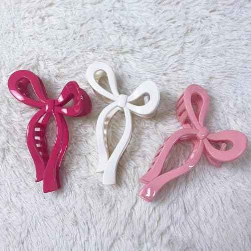 Butterfly Hair Clips and Bows Set - 3Pcs 5 Inch Trendy Claw Clips for Thick Hair, Pink Ribbon Clips, Coquette Hair Accessories