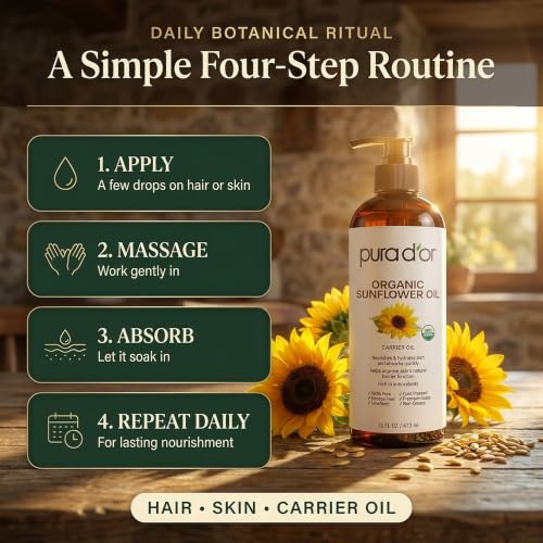 PURA D'OR Organic Sunflower Seed Oil 16 oz - Cold Pressed