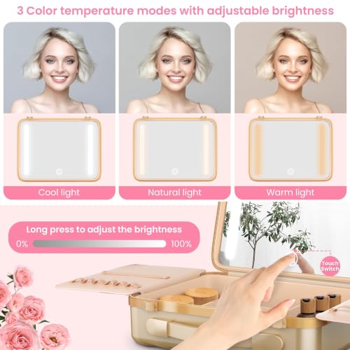 Makeup Travel Case with LED Lighted Mirror - Gold