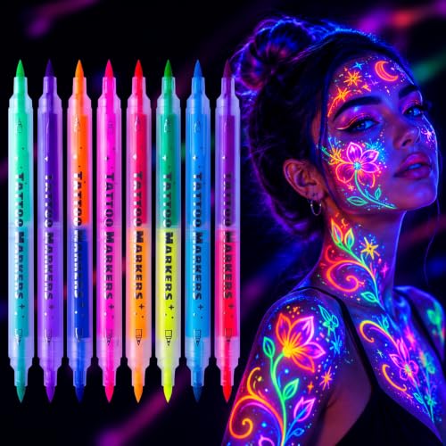 UV Glow Body Paint Markers - 16 Colors, Washable Neon Face Paint Pens