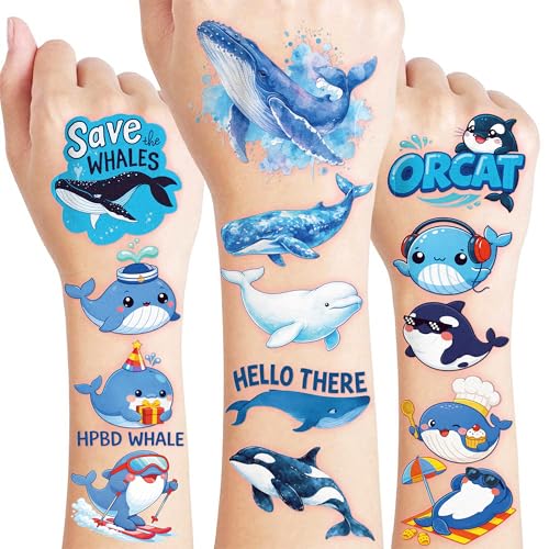 96 Cute Whale Temporary Tattoos for Kids - Ocean Party Favors