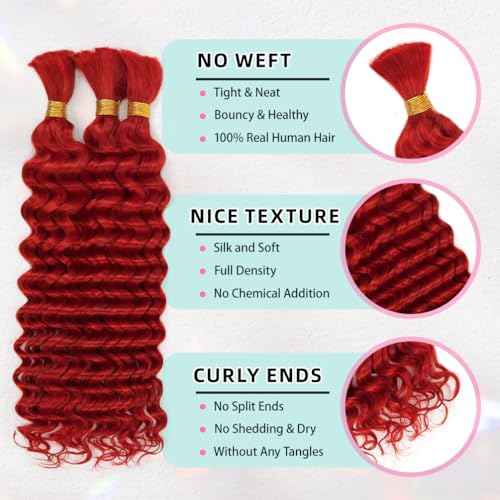12 Inch Deep Wave Human Braiding Hair for Boho Braids ? 120g 3 Bundles/Pack Red 100% Unprocessed 12A Brazilian Virgin Human Hair Bulk, No Weft, Wet & Wavy Curly Extensions