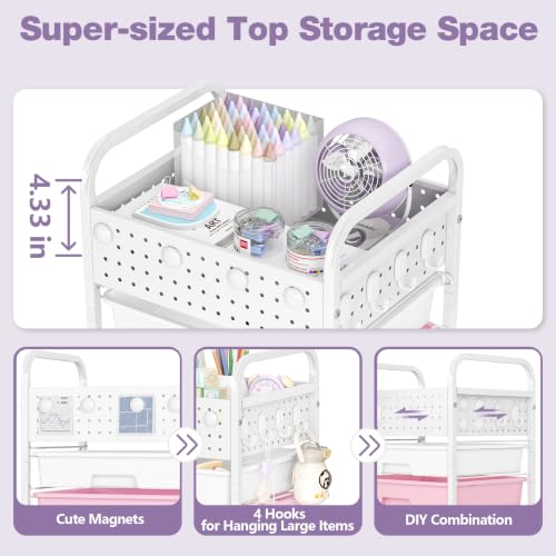 Dreamy Color 5-Drawer Rolling Storage Cart with Pegboard Top & Hooks - SYKIARIOL