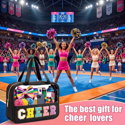 KRYZMET Cheer Makeup Bag Black with Chenille Letter Patch Waterproof Nylon, Travel Organizer for Girls & Women