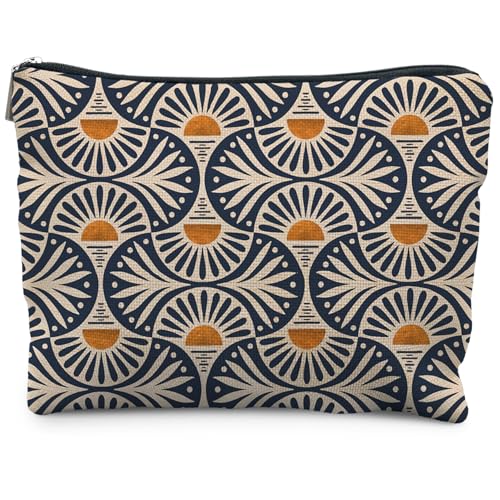 Boho Makeup Bag with Sunset Leaf Design | Linen Canvas Pouch