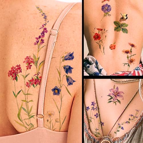 40 Sheets Watercolor Flower Temporary Tattoos for Women - Tiny Wildflower Fake Tattoo Stickers for Body Neck Hand