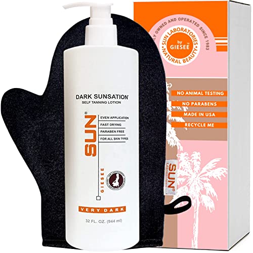 Sun Laboratories By Giesee Dark Sunsation Self Tanner 32 oz with Tanning Mitt - Organic Self Tanning Lotion, Pregnancy Safe, Instant Waterproof Sunless Tanner for Medium to Very Dark Tone