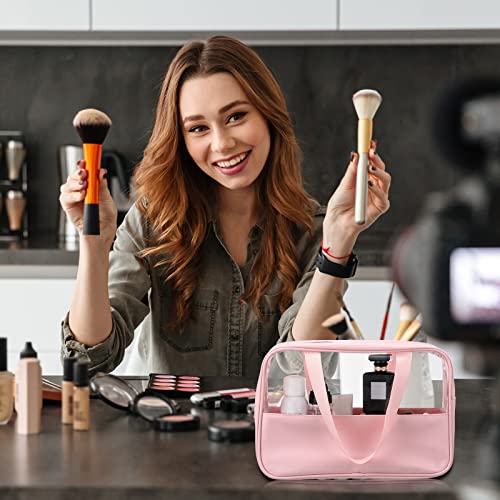 Reginary 6 Pcs Large Clear Makeup Bags, Toiletry Organizer with Zipper and Handle Strap, Portable Cosmetic Bag Waterproof Transparent for Travel Vacation, 11.8 x 8.3 x 3.9 Inch(Pink)