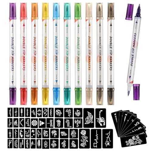 HAWINK Temporary Tattoo Markers for Skin, 10 Body Markers + 56 Large Tattoo Stencils for Kids and Adults, Dual-End Tattoo Pens Make Bold and Fine Lines with Cosmetic-Grade Tattoo Ink ZYH2208001KIT