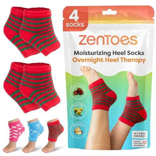 ZenToes Moisturizing Socks for Cracked Heel Treatment, Vitamin E, Olive Oil and Jojoba Oil Heel Socks, Stocking Stuffers for Women, Spa Self Care Gifts for Women (Holiday Stripes, Regular)