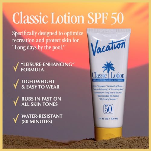 Vacation Classic Sunscreen Lotion SPF 50 + Air Freshener Bundle, Water Resistant Broad Spectrum Sunscreen Sun Block, Vegan Sun Tanning Lotion, Body Lotion with SPF, SPF 50 Sunscreen, 3.4 Fl. Oz.