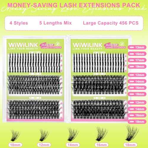 Lash Clusters Kit 60D+80D+100D+200D Individual Spikes Lashes 456PCS 12-18mm Spiky Manga Eyelash Clusters D Curl DIY Eyelash Extension Kit with Cluster Lash Bond & Seal for Anime Eyelashes by WiWiLINK
