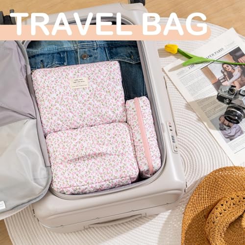 Makeup Bag for Women 3PCS Quilted Cotton Make Up Bag Travel Cosmetic Bag Large Makeup Bag Set Cute Makeups Organizer Floral Toiletry Pouch for Purse, Pink Floral D