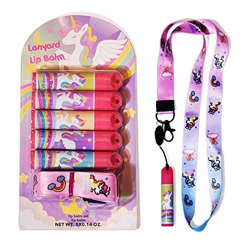 5 Pcs Fruit Flavored Lip Balm Set With Lanyard, Unicorn, Lip Care to Moisturize Dry Lips