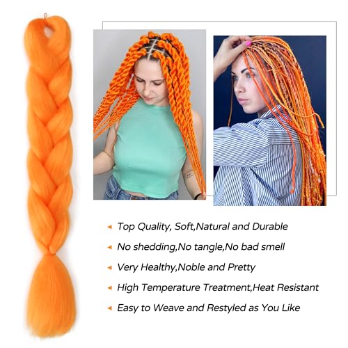 Colorful Braiding Hair Extensions 24 Inch 3 Packs Synthetic High Temperature Jumbo Braids Hair Crochet Hair Extension for Braiding.Orange.