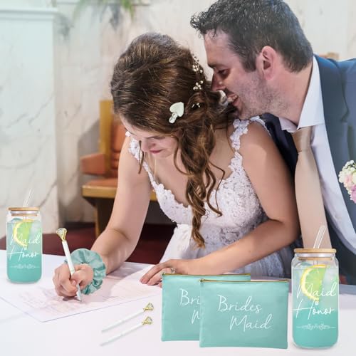56pcs 8set Bridesmaid gifts bridesmaid proposal gifts, Maid of Honor Gifts contain 16oz Glass Cups Cosmetic Makeup Bags Invited Cards Scrunchies Hair Knotted Bracelets Diamond Pens love clip (Green)