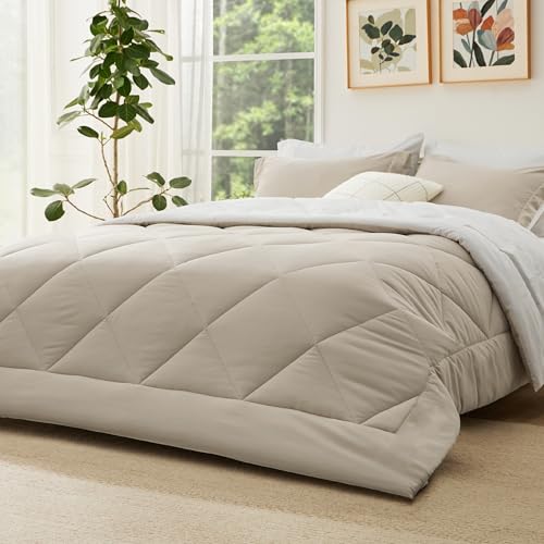 Bedsure Beige and White Twin Comforter Set - 5 Pieces Reversible Twin Bed in a Bag, Twin Bed Set Beige and White with Comforters, Sheets, Pillowcase & Sham