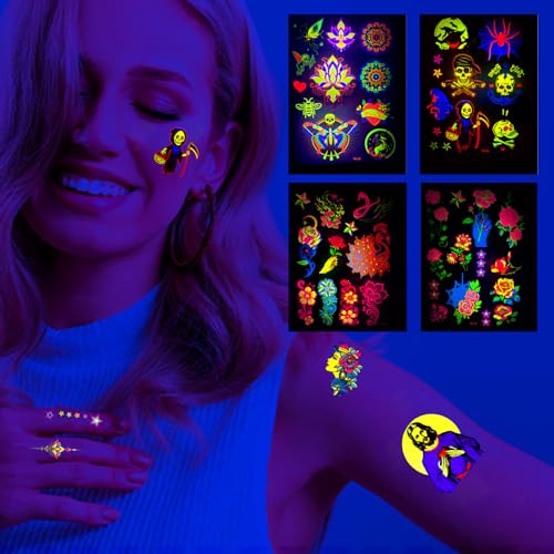 4 Sheet Glow in Dark UV Temporary Tattoos Waterproof