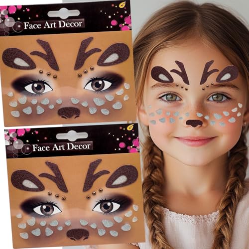 Glitter Christmas Reindeer Face Stickers - Brown Elk Tattoo