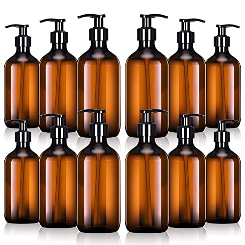 12 Pack Amber Pump Bottles 16.9 oz | Refillable Soap Dispenser