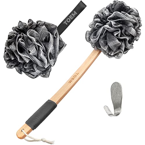 Bamboo Charcoal Back Scrubber with Long Handle & Pouf Set