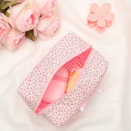 Quilted Makeup Bag, Floral Cosmetic Bag Cute Handmade Aesthetic Pink Toiletry Bag Flower Coquette Accessories Cotton Pouch for Women