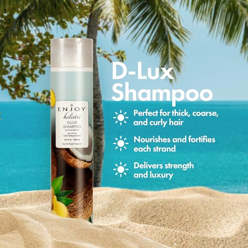 Enjoy Holistic D-Lux Shampoo - Deep Nourishing Treatment for Thick, Coarse & Curly Hair - Ultimate Softness, Shine & Detangling - Sulfate & Paraben Free - Tropical Coconut & Ginger Scent - 33.8 Fl Oz